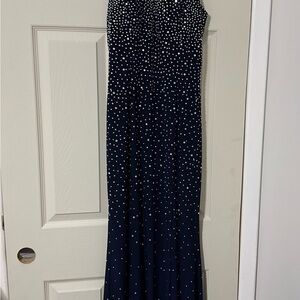 Xscape Strapless Navy Blue Gown with Embellishments